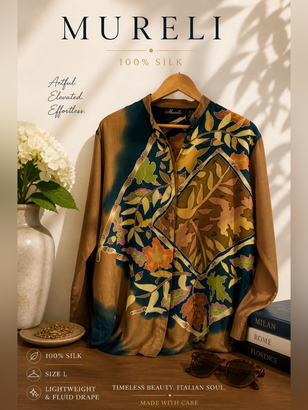Mureli Silk Botanical Print Button Front Blouse Size L